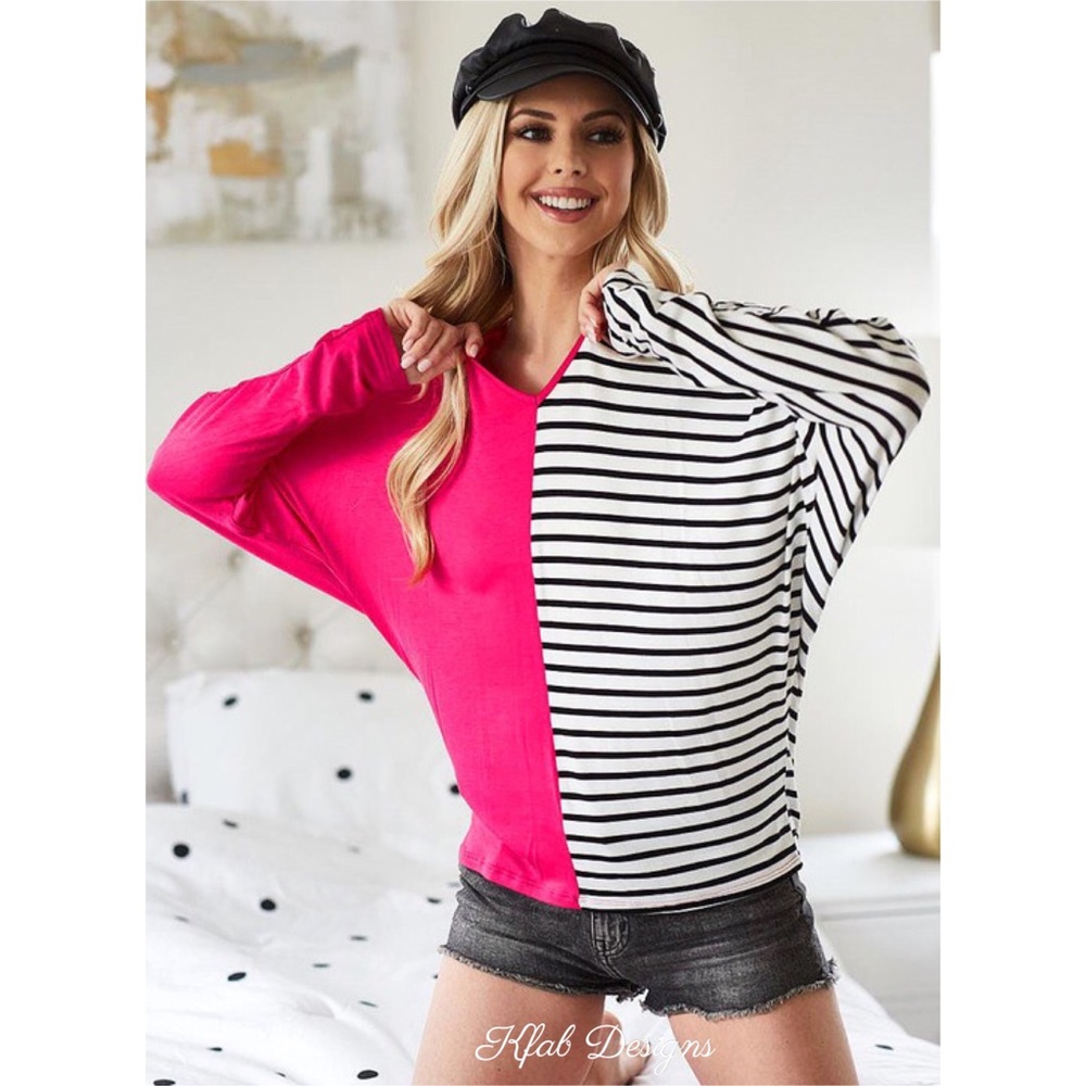 V Neck Fuchsia Color Block Stripe Top! - image 8